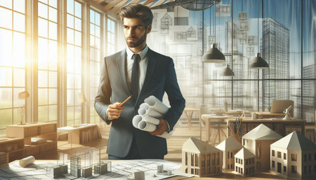 Architect standing in modern office interior with blueprints and city view. 3D Rendering