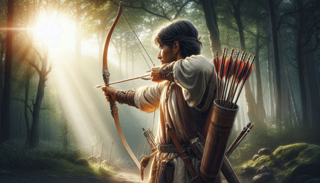Archer with bow and arrow in the forest. 3d rendering