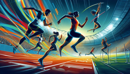 Sportswomen running at the stadium. 3D render illustration.