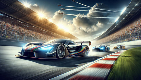 Sport car racing on the track. Mixed media. 3D rendering