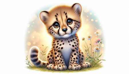 Cute cheetah cub sitting on a grass with flowers. Vector illustration.の写真素材