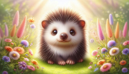 Cute hedgehog in the meadow with colorful flowers. 3d renderingの写真素材