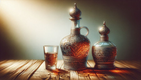 Still life with an old jug and a glass of vodka on a wooden table