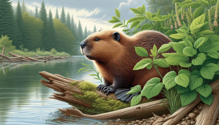 Cute beaver sitting on a log in the forest - illustration
