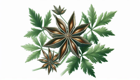 Illustration of anise star with green leaves isolated on white background