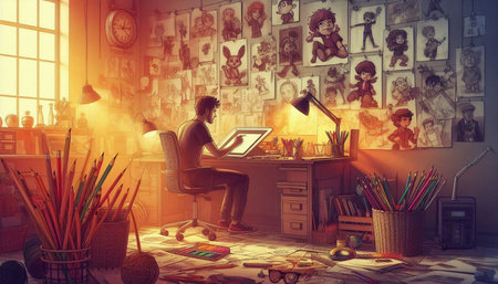 Young man working at his desk in his home office. Collage.の写真素材