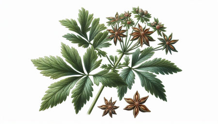 cannabis leaves and star anise isolated on a white background