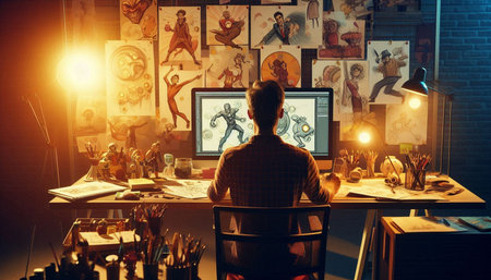 Back view of young man working on computer in office at night.