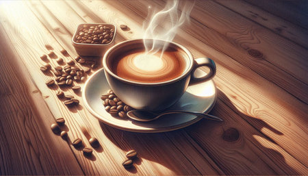 Coffee cup and coffee beans on wooden table. Coffee background