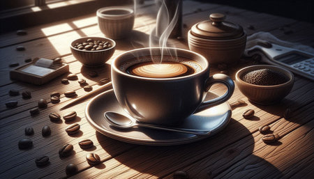 Coffee cup and coffee beans on a wooden table with sunlightの写真素材