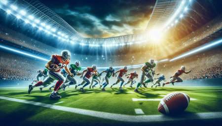 American football players in action at stadium. Mixed media. Mixed media