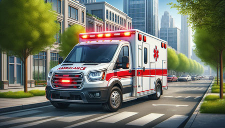 Ambulance on the road in the city. 3d rendering