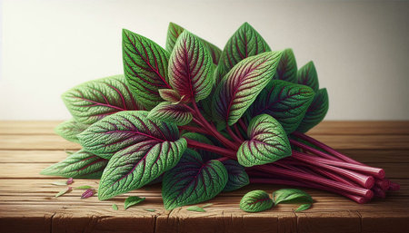 pile of fresh red and green basil leaves on wooden table background