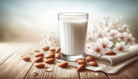 Glass of milk with almond nuts and flowers on wooden table, closeupの写真素材