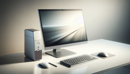 Computer monitor and mouse on white table. 3D rendering. Technology background