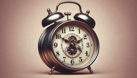 Vintage alarm clock on a beige background. Toned.