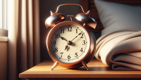 Alarm clock on the table in bedroom. 3d rendering.