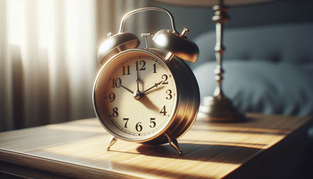 Retro alarm clock on a wooden table in the morning light.