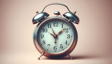 Vintage alarm clock on a beige background. Time concept.