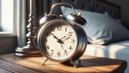Vintage alarm clock on wooden table in bedroom. Time management concept