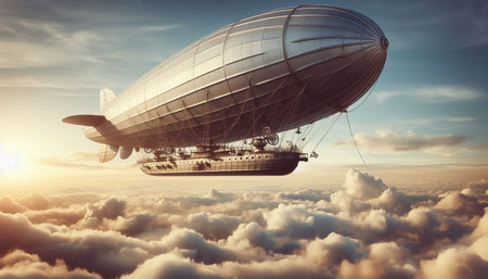 Airship in the sky with clouds. Mixed media. Mixed media