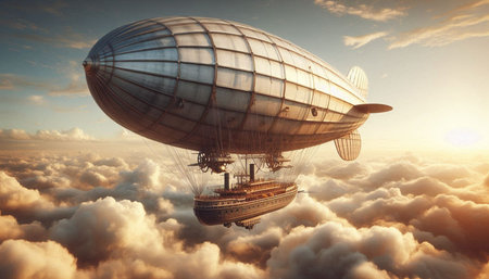 Airship in the sky with clouds. 3D render. Vintage style.