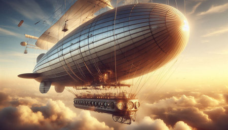 Airship in the sky with clouds. 3D illustration. Vintage style.