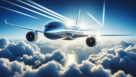 Airplane in the clouds. 3d illustration. Business travel conceptの写真素材
