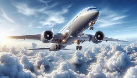 Commercial airplane flying in the blue sky. 3d render illustration.