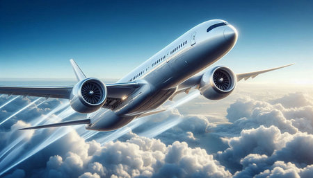 Airplane flying high in the blue sky. 3d rendering.