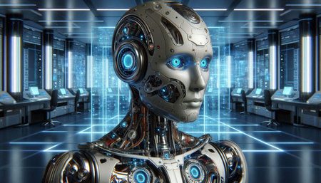 3d rendering humanoid robot in virtual space with blue lights on background