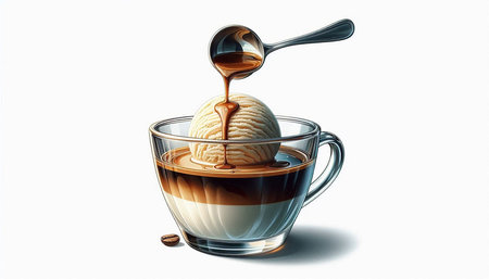 Coffee cup with ice cream and spoon on white background.