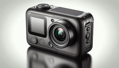Digital SLR camera on a gray background. 3d illustration.