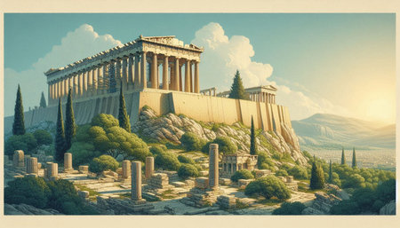 Panoramic view of the Parthenon on the Acropolis, Athens, Greece. Vintage style
