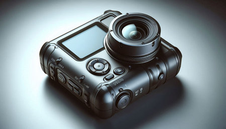 Digital camera on a gray background. 3d rendering. Computer digital drawing.