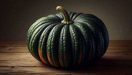3d rendering of a green pumpkin on wooden table with dark backgroundの写真素材