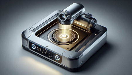 3D Illustration of a CD player on a dark background.
