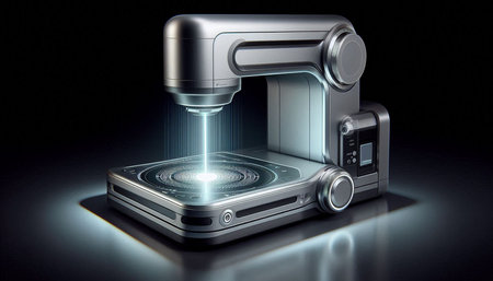 3d rendering of a robotic vacuum cleaner in a dark background.