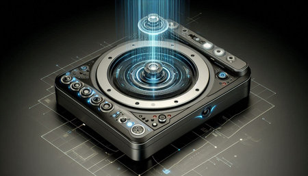 Digital illustration of a dj's turntable on black background.
