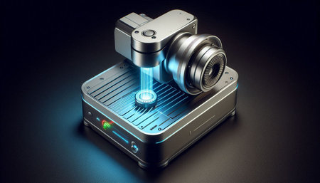 Digital camera on a black background. 3d rendering. Computer digital drawing.