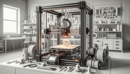 3d illustration of an industrial 3D printer working in a lab