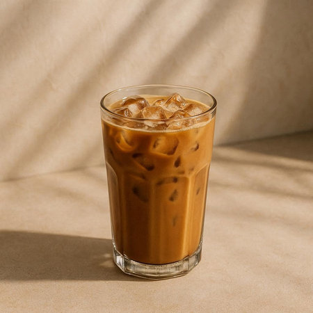 Iced coffee in a tall glass on a beige background.