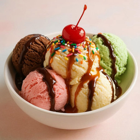 Scoops of ice cream with chocolate and cherry in a bowl