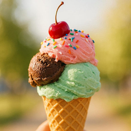 Ice cream in waffle cone with cherry and chocolate on blurred background