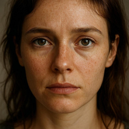 Portrait of a young woman with freckles on her face