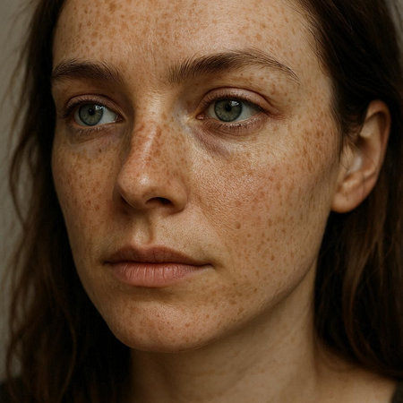 Portrait of a young woman with freckles on her faceの写真素材