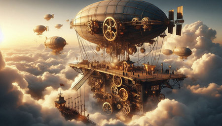 Airship in the clouds. 3d illustration. Elements of this image furnished by NASA