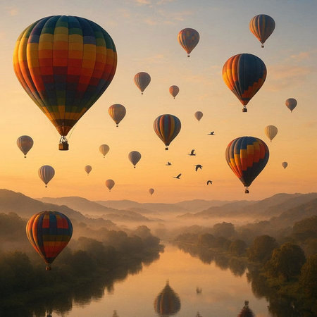 Hot air balloons flying over the river at sunrise. Colorful hot air balloons in the sky