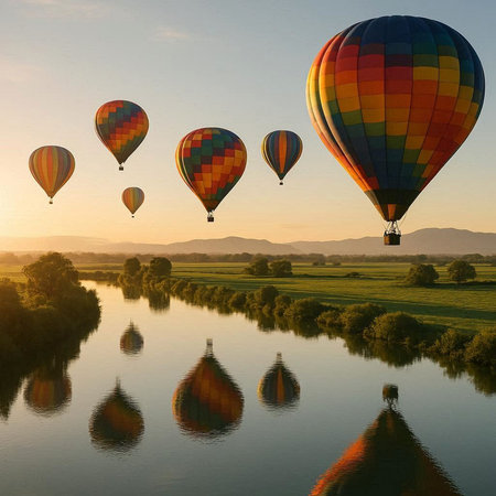 Hot air balloons flying over the river at sunset. 3D renderingの写真素材