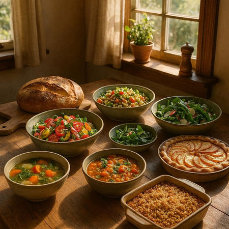 Bowls of different salads in a rustic country kitchen.